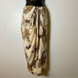 100% Silk Tropical Floral Side Knot Asymmetrical Maxi Wrap Skirt 14
